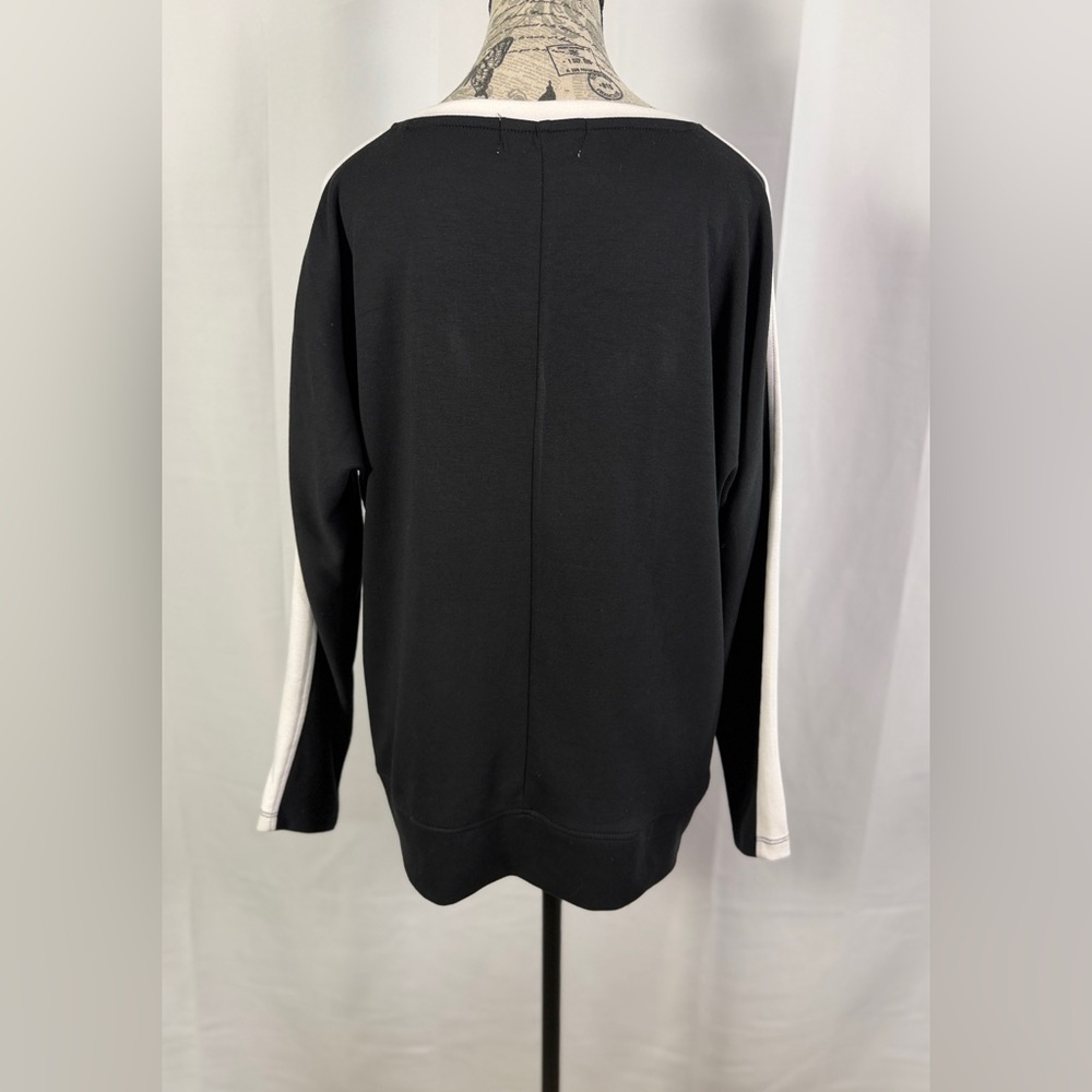 French Laundry Black V-Neck Sweater White Stripe Sleeve Cozy Tunic Size M - Picture 6 of 10